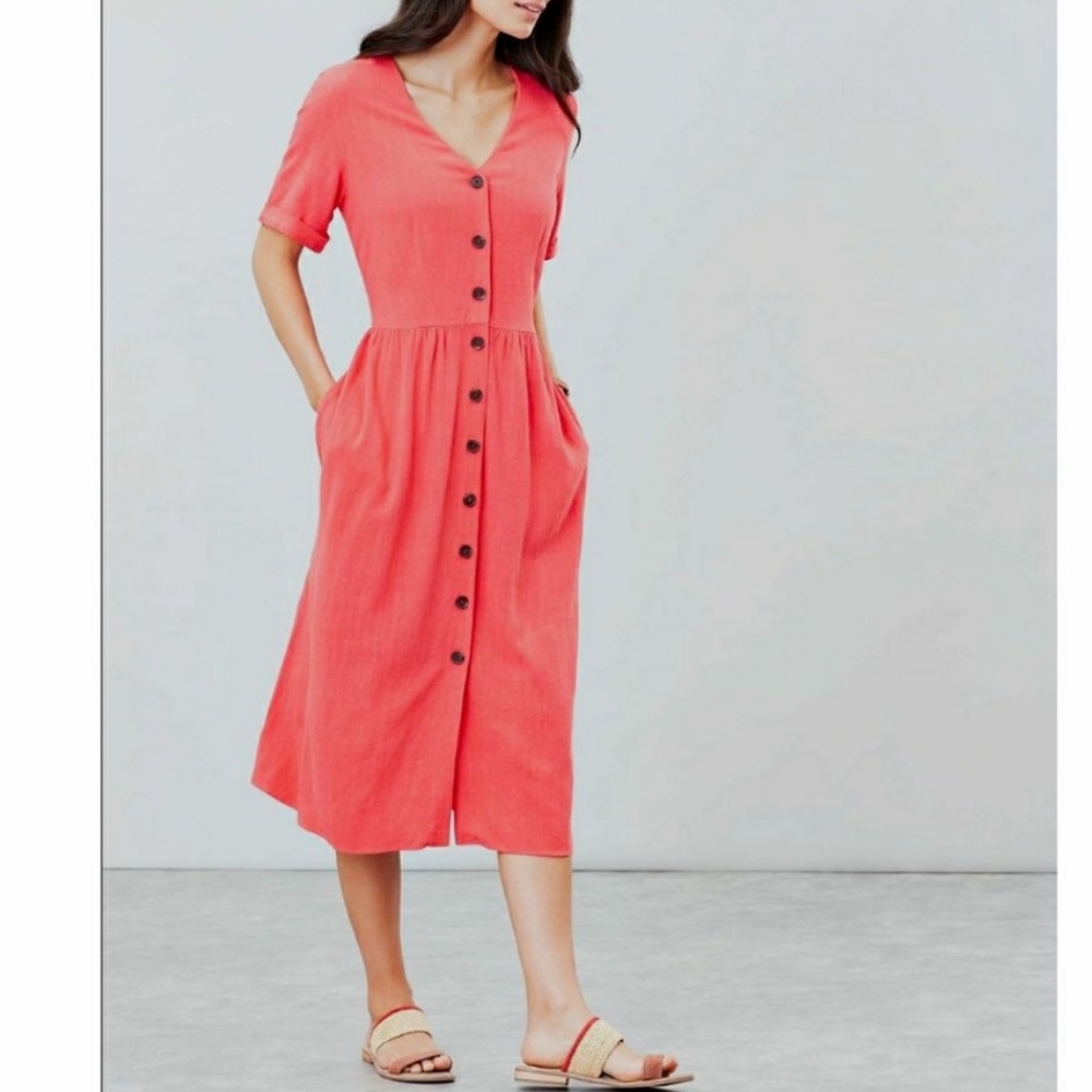 Joules Coral Button-Front Midi Dress
